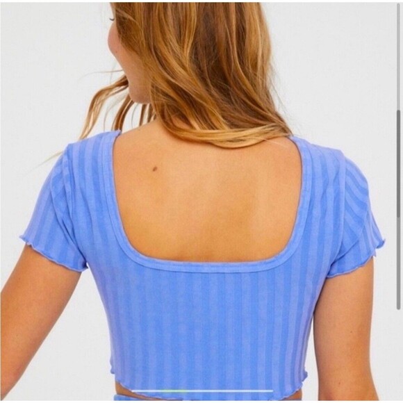 Aerie OFFLINE Small OG Groove Crop Top Blue Short Sleeve Lettuce Trim Ribbed NWT - Picture 3 of 12